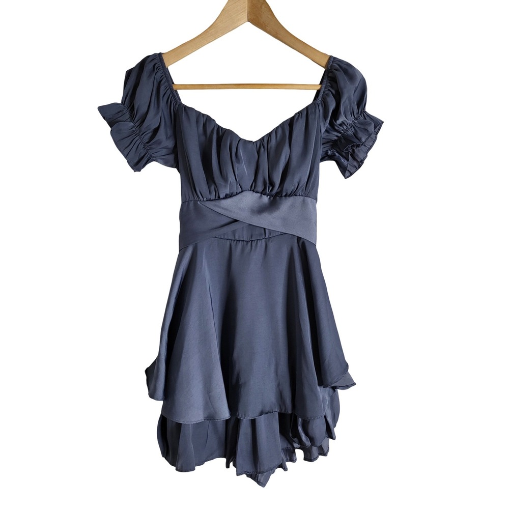 2bella Slate Blue Ruffle Tiered Mini Romper Off Shoulder Puff Sleeve Sz M Party